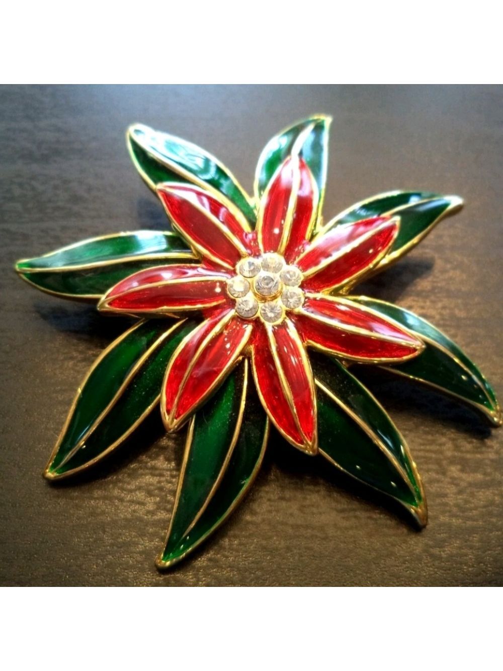 STUNNING VINTAGE ESTATE RHINESTONE ENAMELED FLOWER XMAS 2 3/8" BROOCH